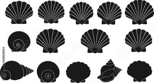 Collection of diverse seashell silhouettes, featuring scallop, spiral, and other marine mollusk shells, perfect for nautical and coastal themes, flat vector illustration