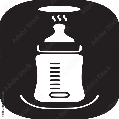 A black and white graphic icon of a baby bottle with steam rising from the nipple inside rounded rectangle