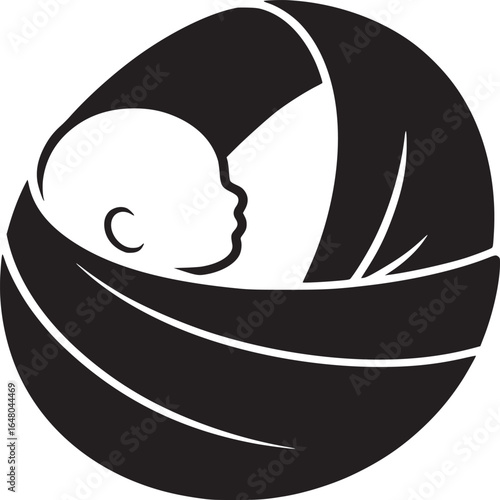 A simple black and white illustration of a baby in a carrier or sling with a white background