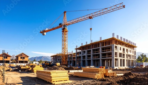 A large tower crane lifts materials at a new apartment building construction site under a clear sky
