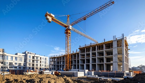 Wallpaper Mural A large tower crane lifts materials at a new apartment building construction site under a clear sky Torontodigital.ca