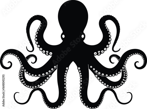 A magnificent black octopus silhouette with detailed tentacles and suction cups, representing ocean life, intelligence, and a dynamic sea creature, flat vector illustration