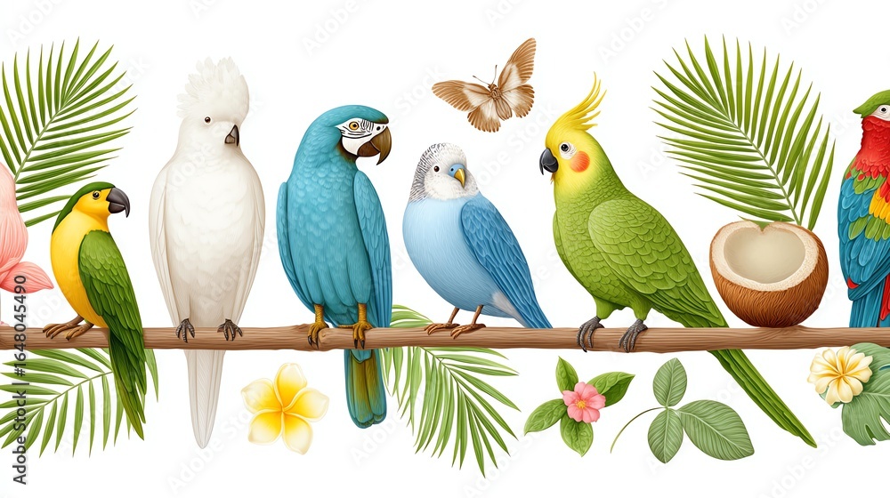 Obraz premium Colorful Tropical Birds on Branch Seamless Illustration