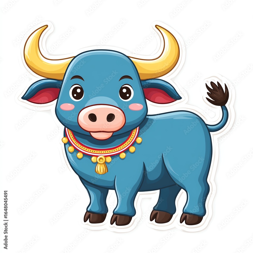 Fototapeta premium Cute Blue Cartoon Water Buffalo with Gold Necklace