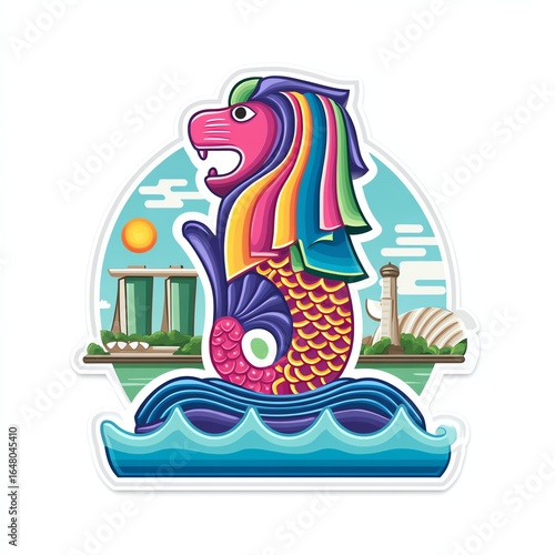 Colorful Merlion Pixel Art Illustration with Singapore Cityscape