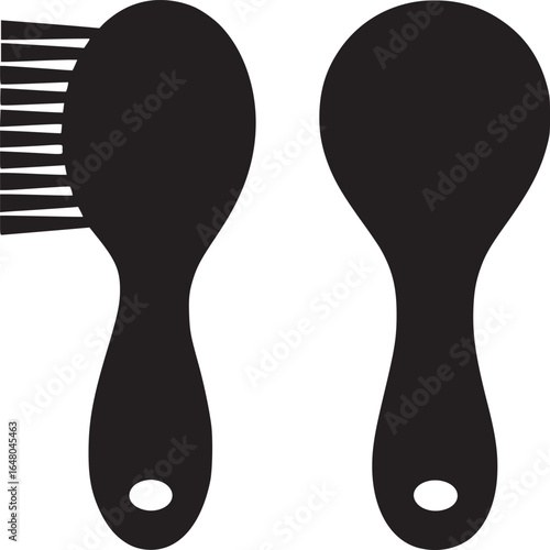 Two black silhouette hair brushes one with bristles isolated on a white background in a minimalist style