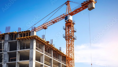 Wallpaper Mural A large tower crane lifts materials at a new apartment building construction site under a clear sky Torontodigital.ca