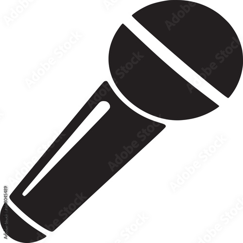 A simple black and white graphic illustration of a microphone on a plain white background image