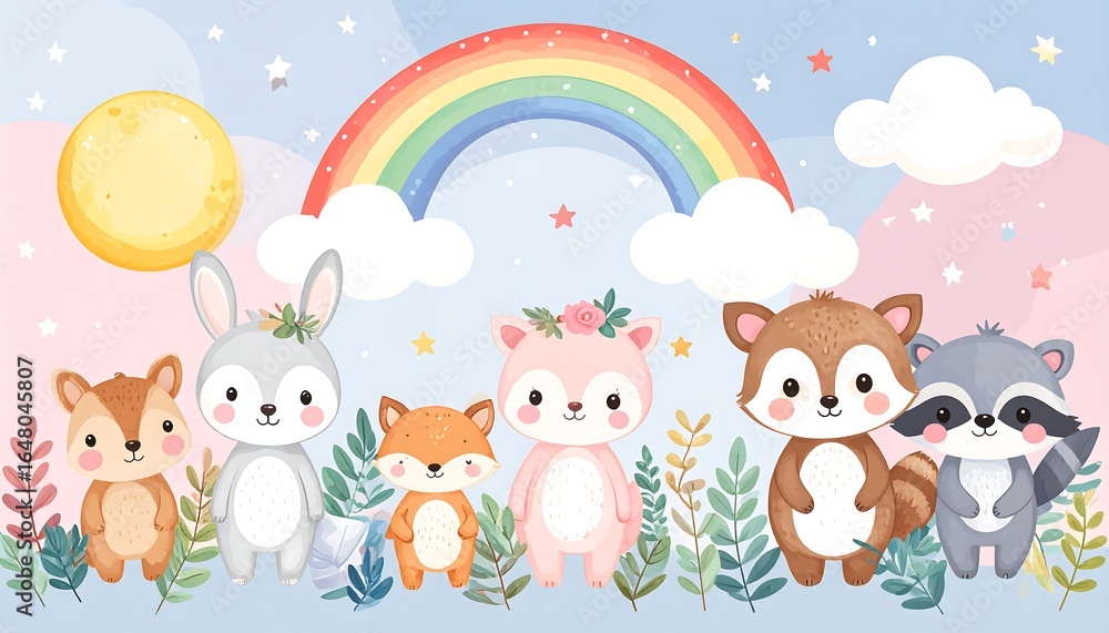 Naklejka premium Cute animal characters in a pastel landscape