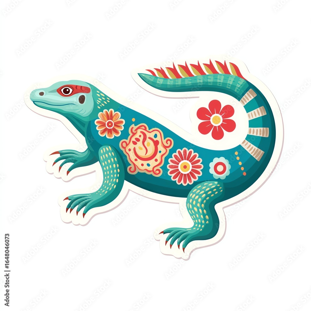 Fototapeta premium Teal Lizard with Floral and Geometric Patterns on White Background