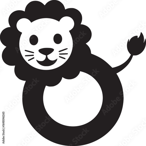 A black and white illustration of a lion shaped rattle toy on a white background design element