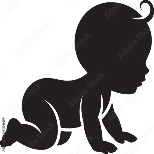 Silhouette of a baby crawling with a curl of hair on a white background in a minimalist design style