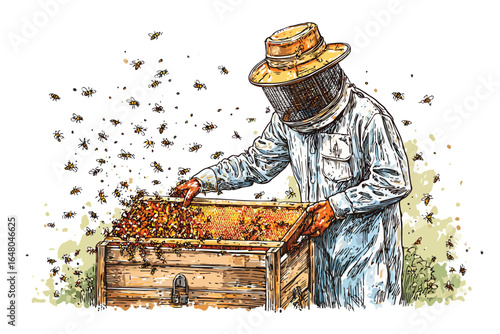 Beekeeper Inspecting Honeycomb Frame Surrounded by bees isolated