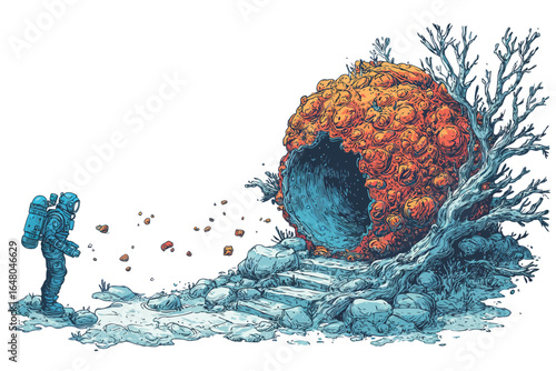 Deep Sea Diver Discovering a Portal to Another World isolated