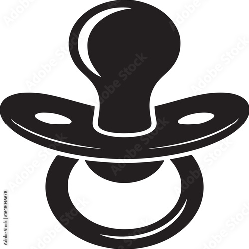 Isolated black and white graphic of a baby pacifier on a white background in simple vector style