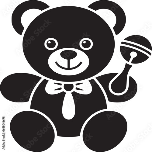 Black and white illustration of a teddy bear holding a rattle with a bow tie design element