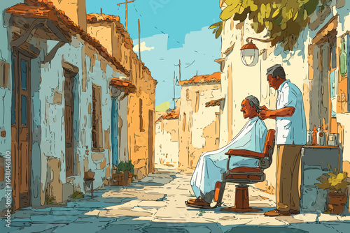 Street Barber Giving Haircut in Narrow Alley of Old Town isolated
