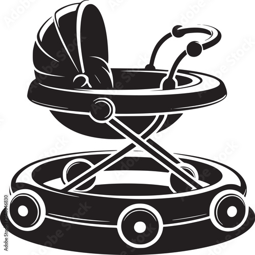 Isolated black and white illustration of a baby walker with a seat and a circular wheeled base