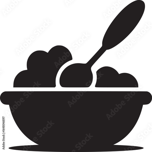 A simple black and white illustration of a bowl filled with food and a spoon resting inside it