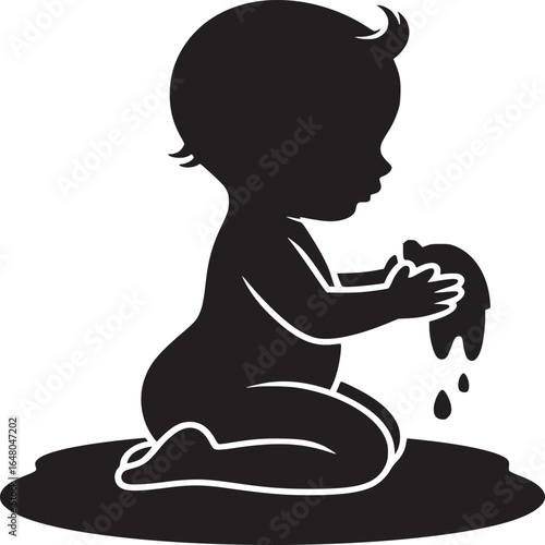 Silhouette of baby sitting and playing with a dripping substance on a puddle in black and white style