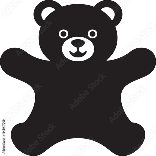 A simple black teddy bear illustration with white background and rounded features and outstretched arms