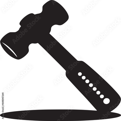 A black silhouette of a hammer with a dotted handle casting a shadow on a white background surface