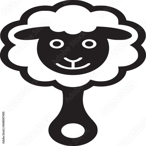Illustration of a black and white sheep rattle toy on a white background in a simple vector style