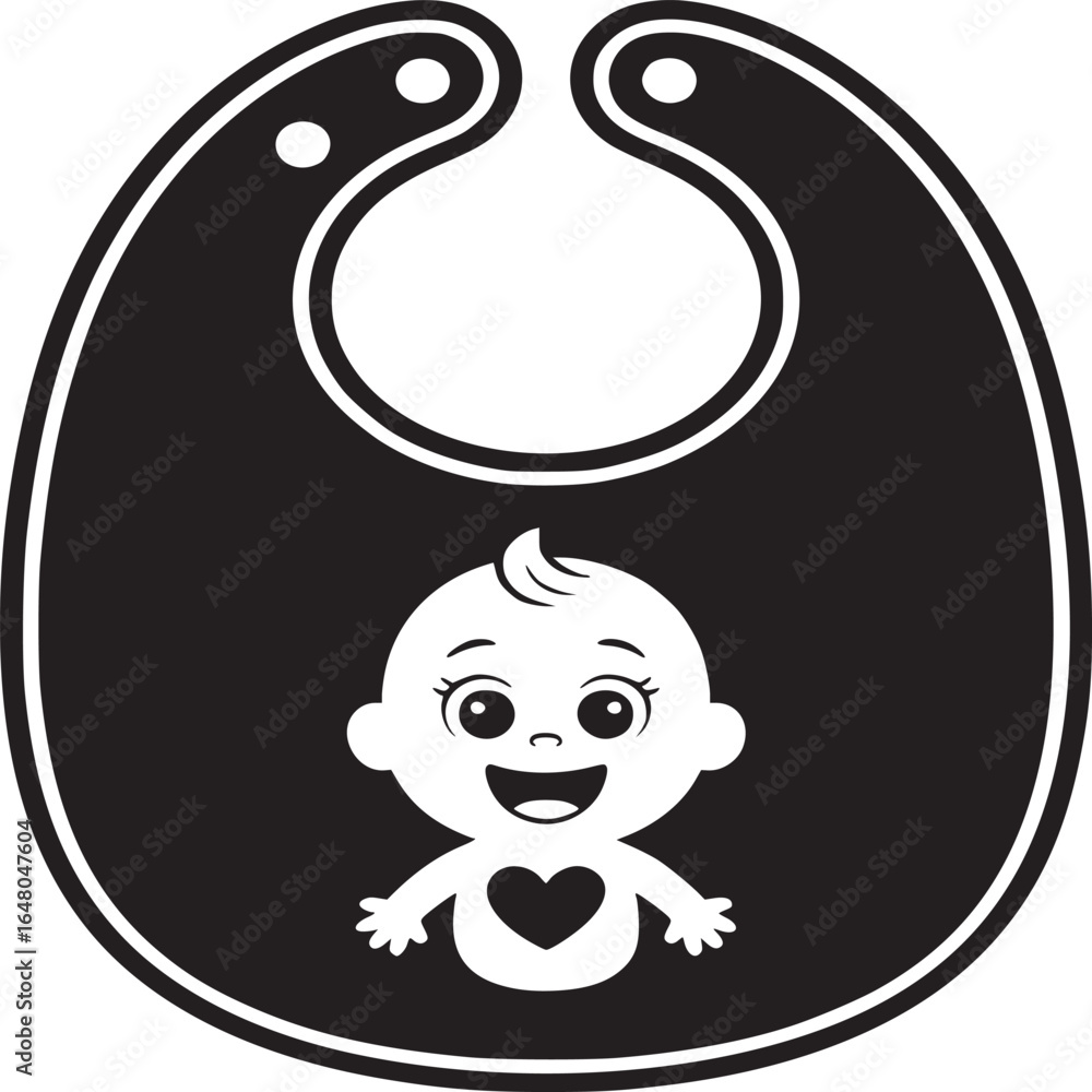 Obraz premium Black and white baby bib with a cartoon baby face graphic in the center of the bib illustration