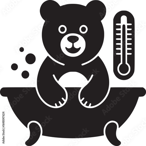 Silhouette of a bear taking a bath with bubbles and a thermometer on a white background image