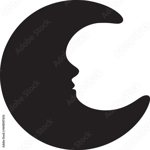 A black crescent moon silhouette with a human face profile against a white background in simple art