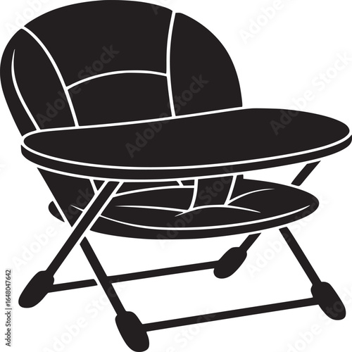 Isolated black and white graphic illustration of a folding chair with padded seat and back rest