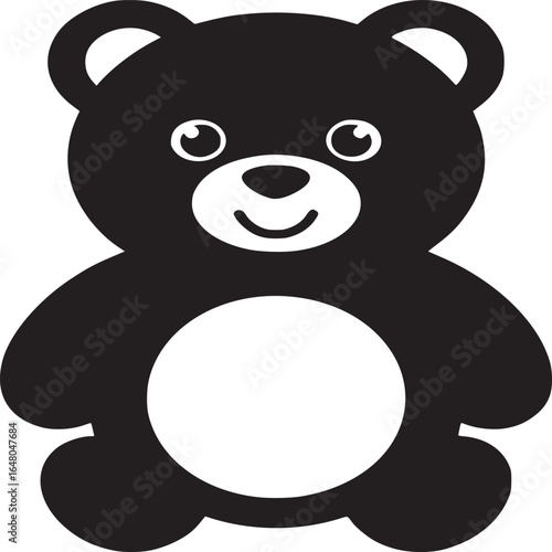 A simple black and white illustration of a teddy bear with a white belly and a smiling face on a white background