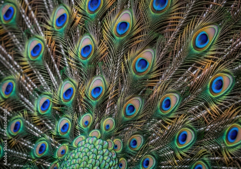 Obraz premium Closeup of a peacocks iridescent feathers with intricate eye patterns in vibrant blue and green