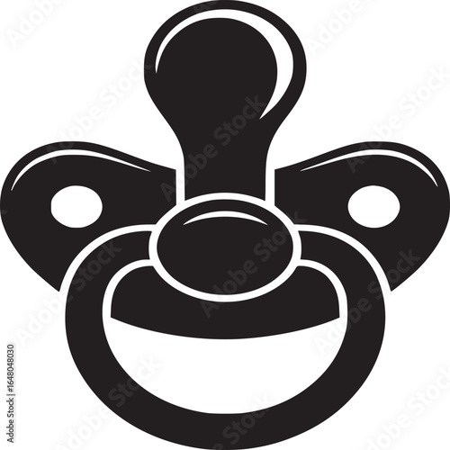 A simple black and white graphic of a baby pacifier with a handle and circular shield design element