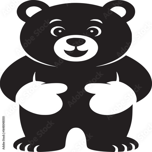 A cartoon bear standing with white mittens in black and white vector illustration on a white background