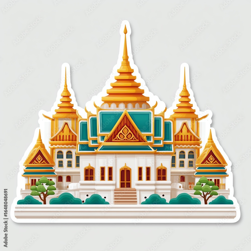Obraz premium Golden Teal Thai Temple Illustration with Lush Green Landscaping
