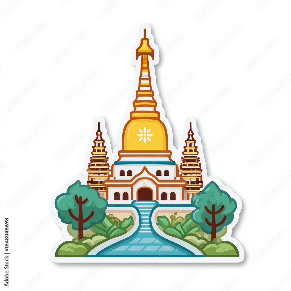 Obraz premium Golden Temple Pixel Art Illustration with Blue Waterway