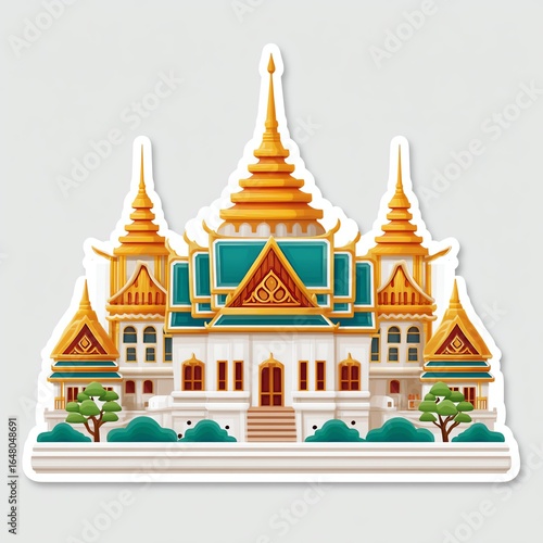 Wallpaper Mural Golden Teal Thai Temple Illustration with Lush Green Landscaping Torontodigital.ca