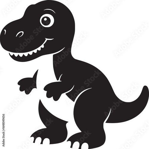 A cartoon illustration of a black dinosaur with a white background and visible teeth smiling happily