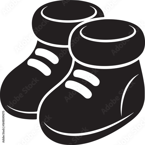 A graphic illustration of two black baby booties with white laces on a white background design art