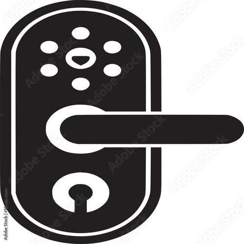 A black and white illustration of a door handle with a keypad and a keyhole on a white background