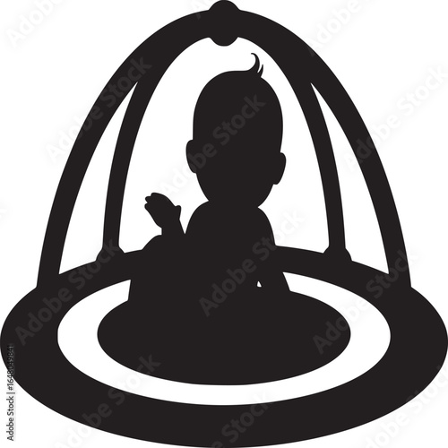 Silhouette of a baby in a bouncer seat with arches and a circular base on a white background
