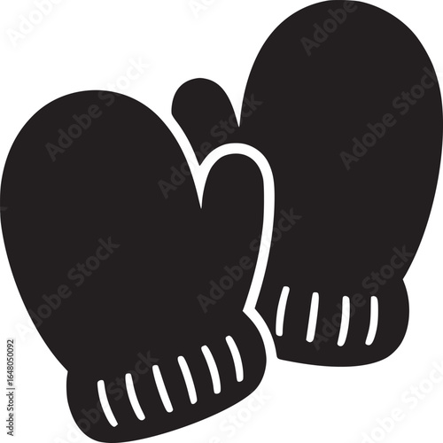 A simple black and white illustration of a pair of mittens with a minimalist design on a white background