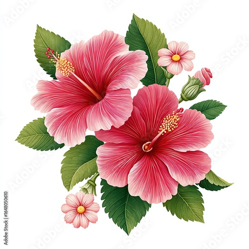 Vibrant Pink Hibiscus Flowers with Green Leaves and Smaller Blooms