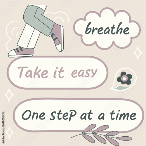 Elegant sticker collection with calming affirmations and floral accents featuring helvetica and courier fonts