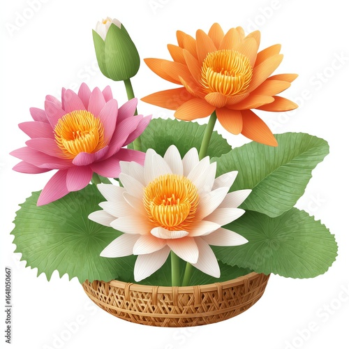 Water Lilies in Woven Basket Pink, Orange, and White Flowers