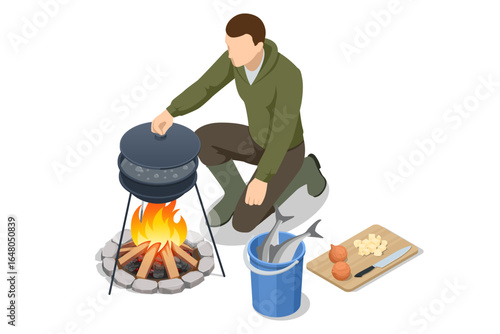 Isometric man cooking fish soup over a campfire, with bucket of fish and chopped vegetables. Fisherman cooking fish in a pot over a campfire, with ingredients like onions and potatoes on a cutting