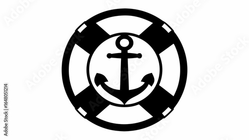 Black and white illustration of a life preserver with an anchor in the center of the ring design | editable eps vectors silhouette