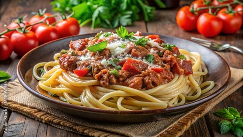 Pasta al Ragù di Agnello (Abruzzo) – pasta, lamb ragù, tomato sauce, herbs, parmesan, rustic Abruzzo plate