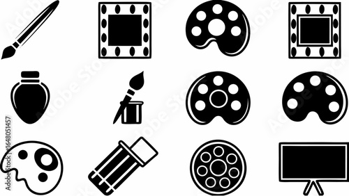 Illustration showing art supplies including paintbrushes, palettes, paint tubes and canvas in black and white | editable eps vectors silhouette